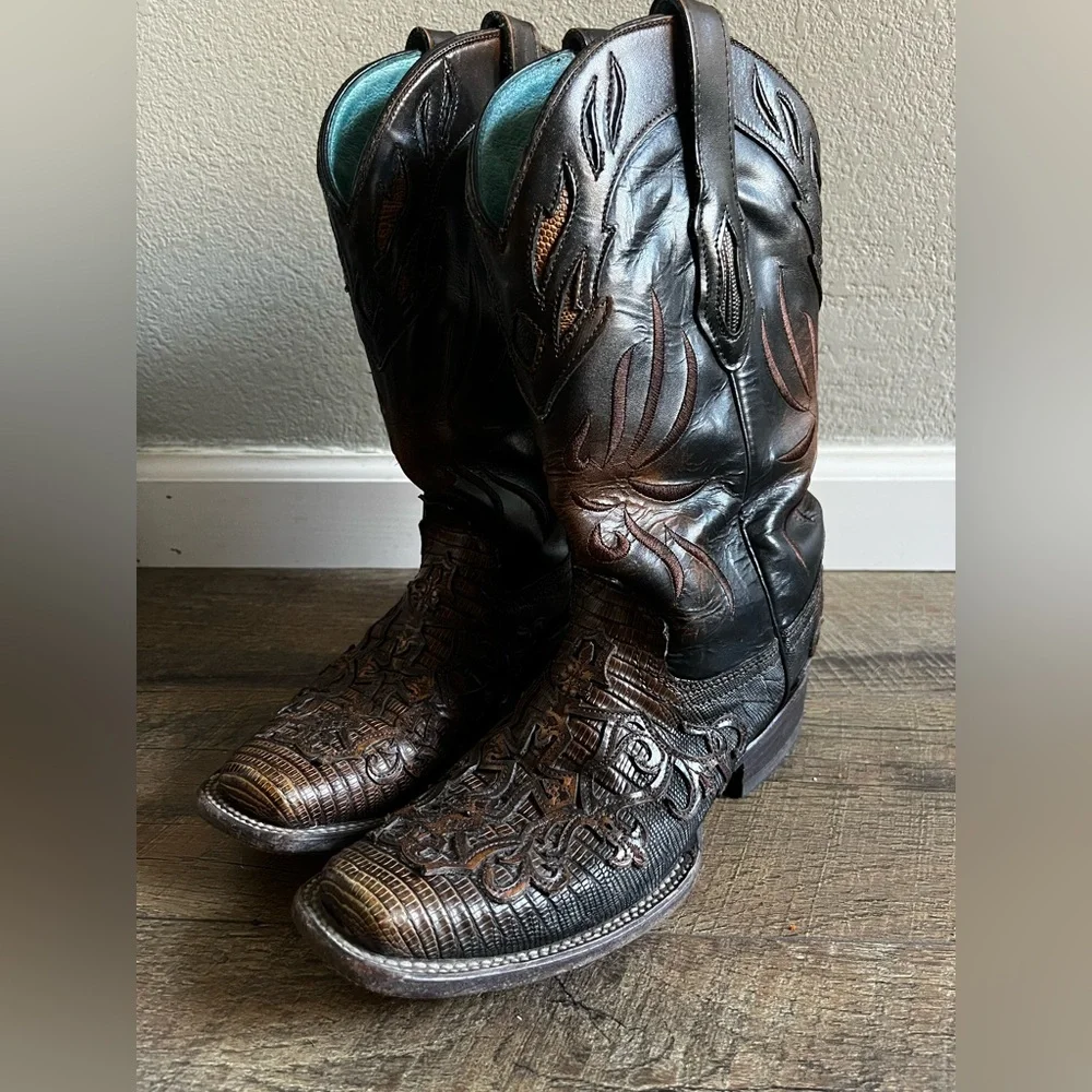 Corral Boots Cognac‎ Teju Lizard Cross Overlay Square Toe Cowgirl C2680 size 8.5 - Picture 6 of 16